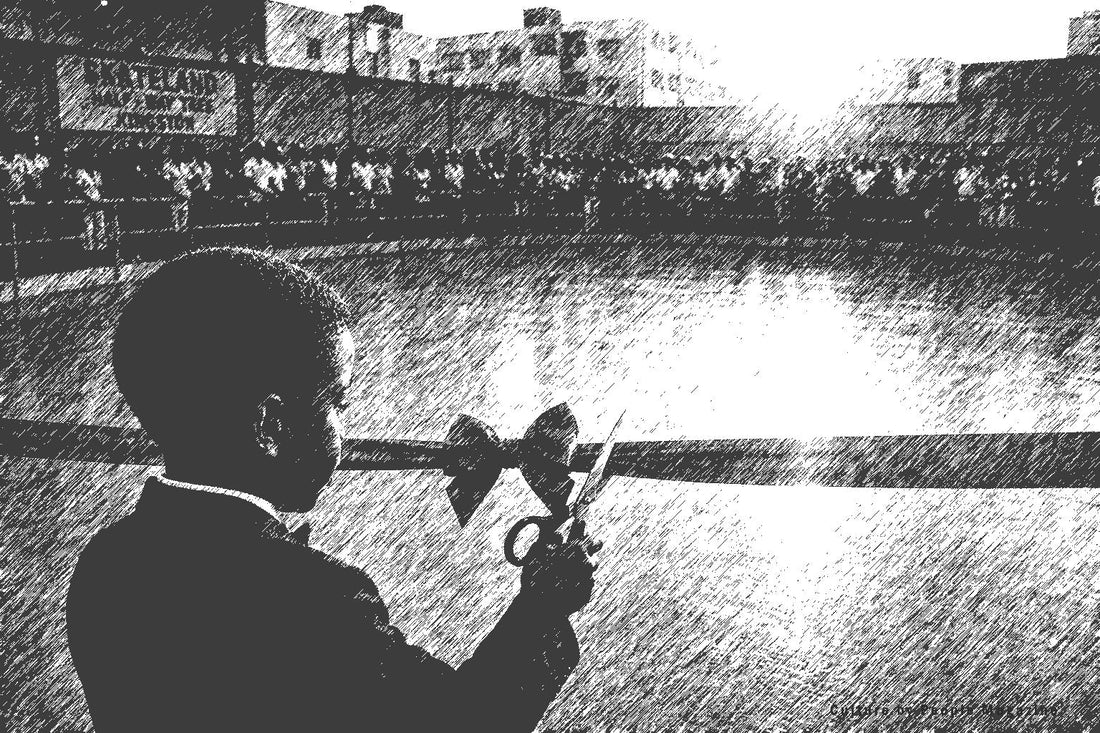 Editorial illustration of Christopher Seaga cutting the ceremonial ribbon during Skateland Opening Day in Half-Way Tree, Kingston, Jamaica, on June 6, 1970.