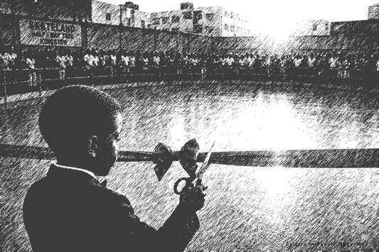 Editorial illustration of Christopher Seaga cutting the ceremonial ribbon during Skateland Opening Day in Half-Way Tree, Kingston, Jamaica, on June 6, 1970.