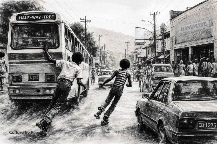 Illustration of Kingston roller-skate youths skating through traffic in Half-Way Tree, Jamaica, inspired by the early 1970s and the story of Skateland.