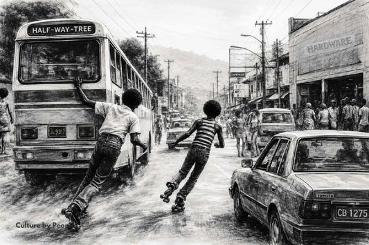 Illustration of Kingston roller-skate youths skating through traffic in Half-Way Tree, Jamaica, inspired by the early 1970s and the story of Skateland.