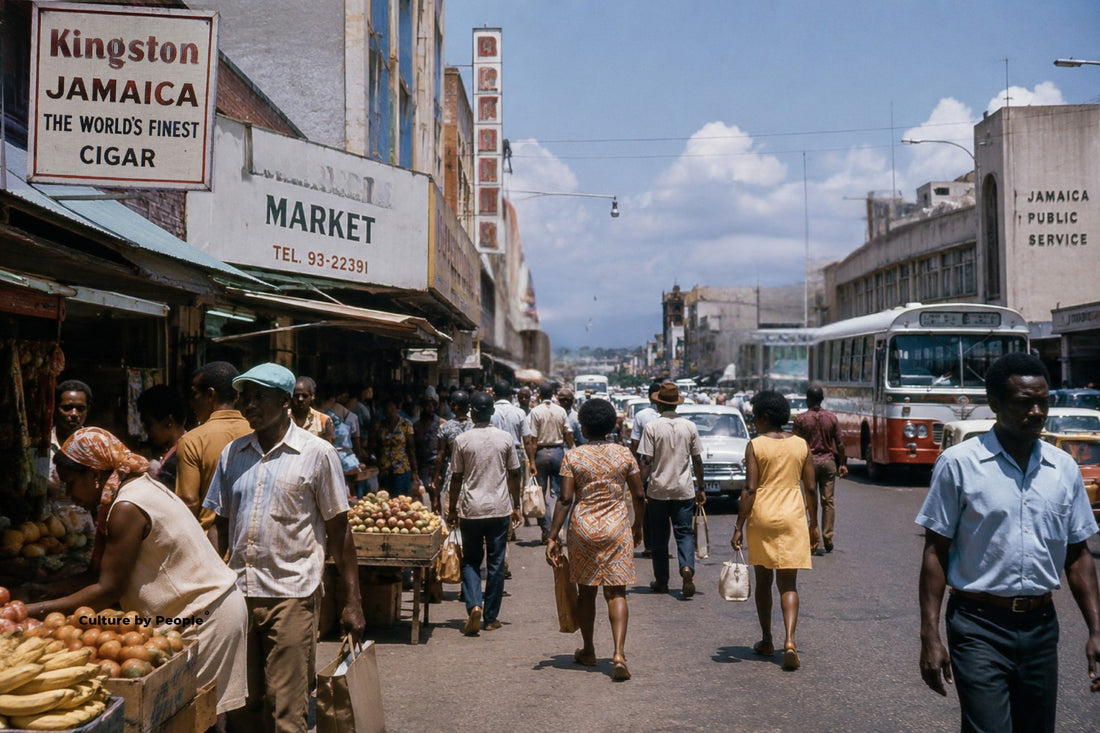 Digital illustration recreating a busy Kingston, Jamaica street scene from the 1970s, featured in Culture by People Magazine's Skateland documentary series.