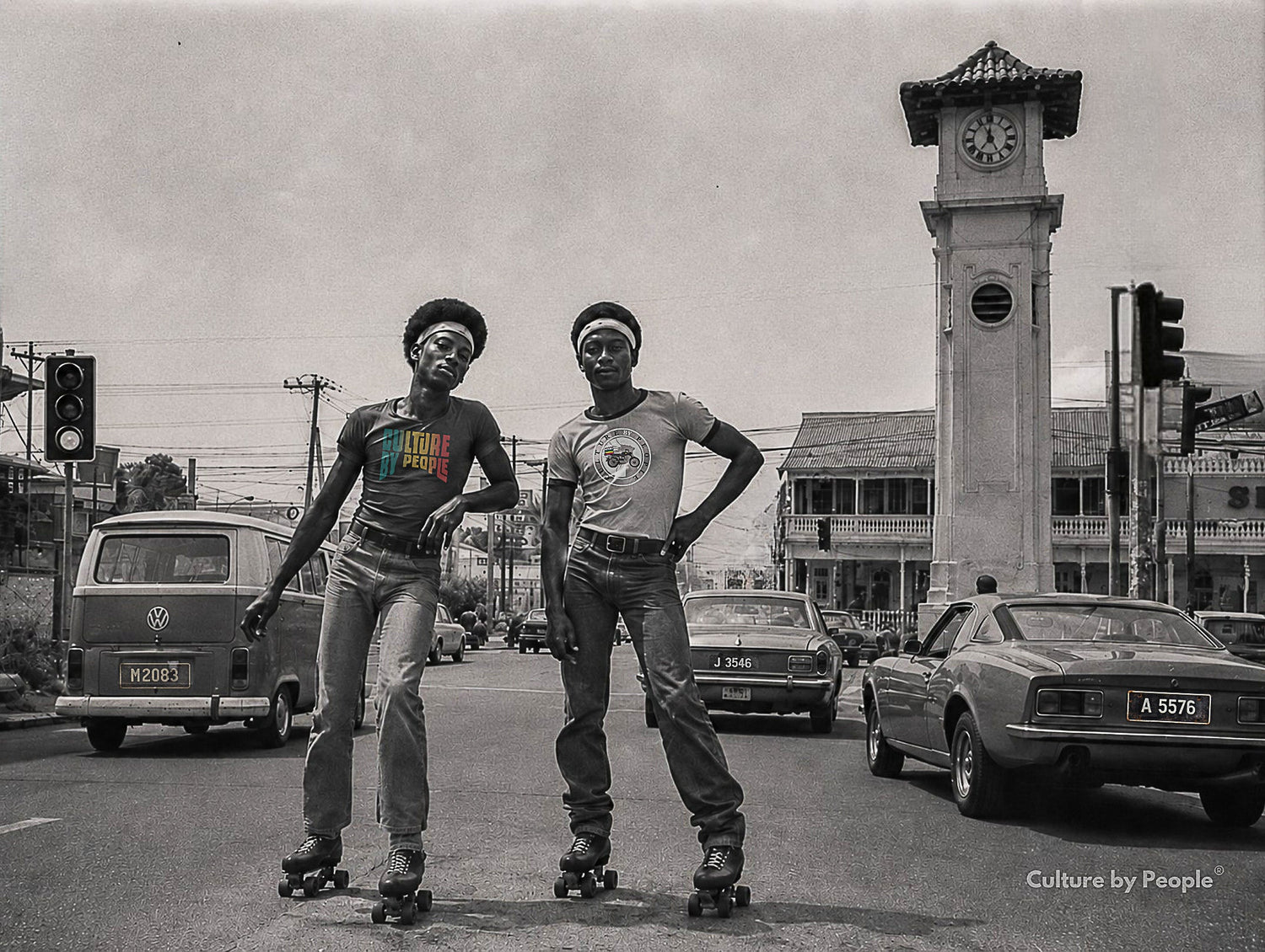Vintage Kingston, Jamaica roller-skate youths design inspired by 1970s street culture. Exclusive distressed artwork by Culture by People.